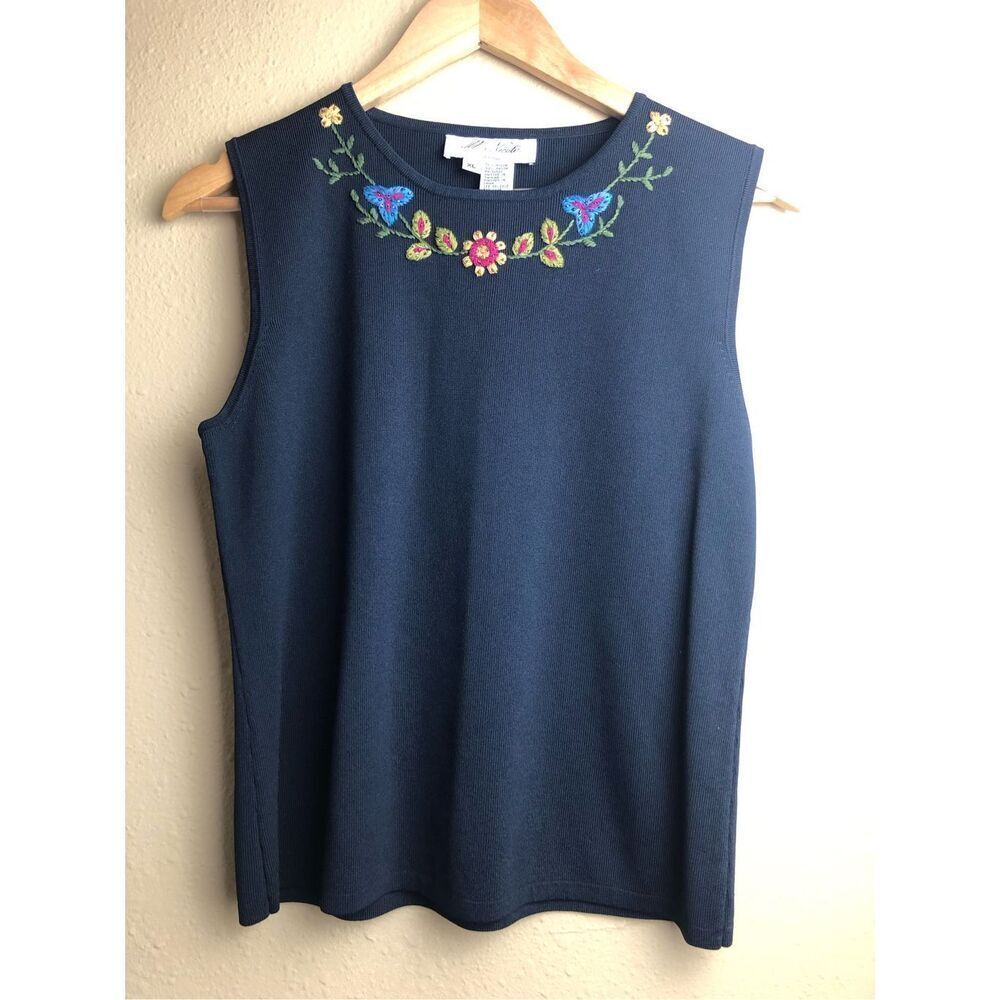M Nicole XL Navy Embroidered Floral Sleeveless Knit Tank Top - Picture 4 of 13